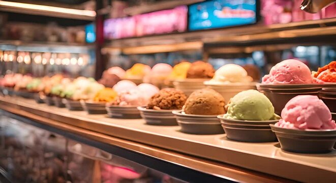 Different ice creams in an ice cream shop.