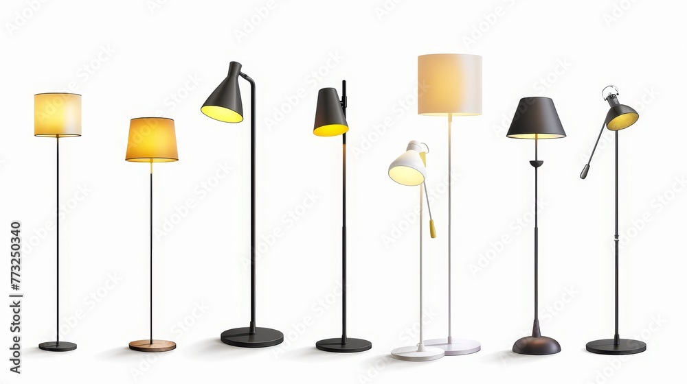 Poster an illustration of a set of stylish floor lamps on a white background with a banner design.