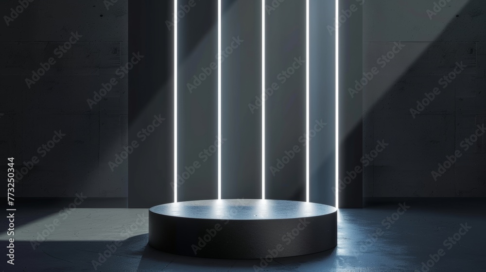 Aufkleber silver cylinder pedestal podium with abstract shine. sci-fi empty room concept with vertical glowing