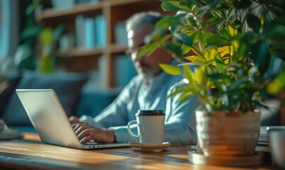 entrepreneur working on a laptop in a cozy home office, with a coffee cup and plant in the background