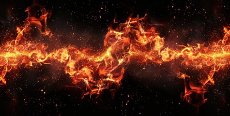 Fototapeta na wymiar Fire flames with sparks on black background, burning fire texture, flame banner template Generative AI