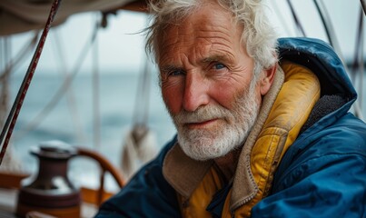 portrait fisherman relaxed moment on a sailboat, details of the weathered deck and the sea beyond