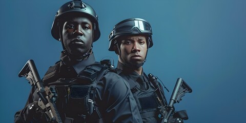 Two diverse police officers apprehend suspects with weapons leading to successful arrests. Concept Police officers, Apprehension, Suspects, Weapons, Successful Arrests