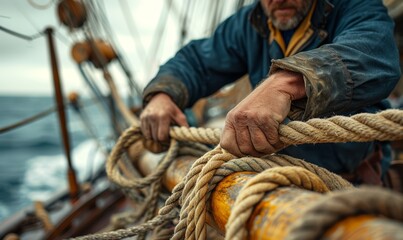 fisherman relaxed moment on a sailboat, hands coiling a rope, details of the weathered deck and the sea beyond - obrazy, fototapety, plakaty