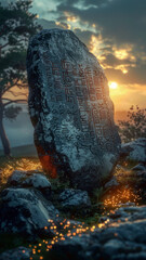 big stone with a cave in the middle, covered with runic scriptures, sunrise behind in the background,generative ai