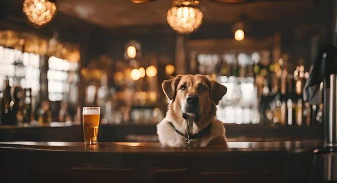 Dog with a beer in a pub.