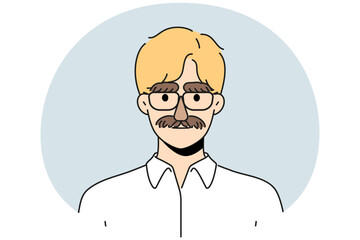 Businessman with thick moustache and eyebrows disguise look at camera. Serious man employee wearing mask of mustache and brows. Vector illustration.