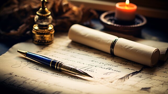 The elegance of a fountain pen lying on an antique paper
