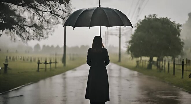 Woman with umbrella at a funeral.