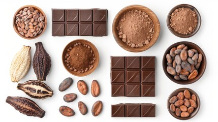 Ingredients for making chocolate, cocoa pods, cocoa beans, chocolate mass, cocoa powder, chocolate bars. Flat lay isolated on white background.