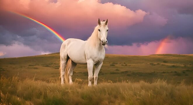 White unicorn with a rainbow in the background.