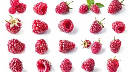 Isolated on white background, a collection of different fresh ripe raspberries