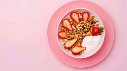 Oatmeal with cream and strawberries in a bowl on a pink background.

