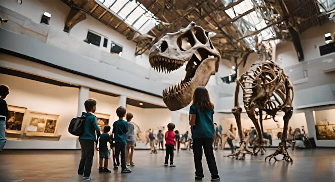 Children looking at a dinosaur in the museum.