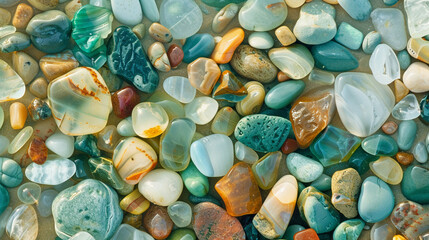 Scattered across the beach, a collection of colorful gemstones glistens in the sun, alongside polished, textured sea glass and stones, creating a mosaic of green
