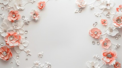 *Short description:**
An image features an elegant floral paper art design with white and peach flowers accented with sparkling embellishments on a pale background