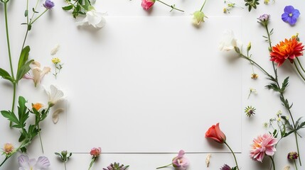 A variety of colorful flowers arranged around a blank white card on a light background