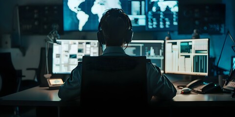 A young police officer inputting suspect information on multiple computer screens in an office. Concept Police, Officer, Suspect, Computer, Office