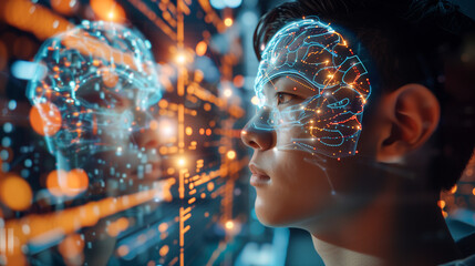 Digital brain and man in virtual reality, hologram of artificial intelligence with data flow from eyes and ears. Futuristic concept of AI technology for digital transformation and big impact on societ