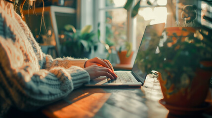 Close up of a woman typing on a laptop in a cozy home office with potted plants and a wooden table, sunlight coming through the window with a bokeh effect