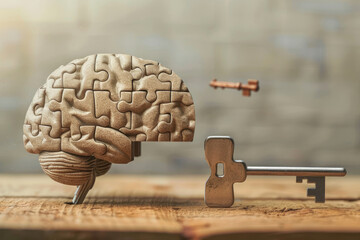 A brain is cut in half and a key is placed on top of it. Concept of unlocking the potential of the brain and the importance of using one's mind to its fullest - obrazy, fototapety, plakaty