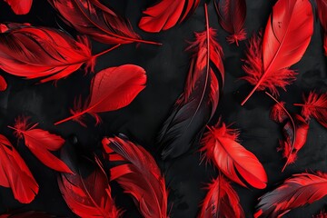Design for an abstract red feather pattern on a black background. Generative Ai - obrazy, fototapety, plakaty