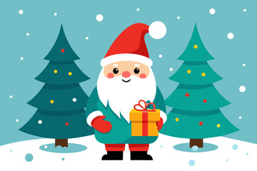 isolated on white clean background, cute smile young fat gnome on snowy January with gift and christ mas tree flad color