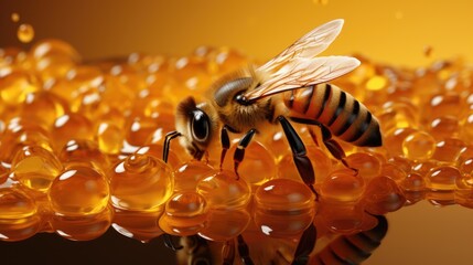 Honey in jar with honey bee yellow lightening - obrazy, fototapety, plakaty