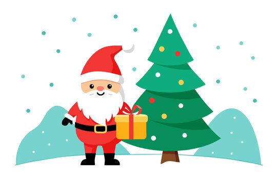 isolated on white clean background, cute smile young fat gnome on snowy January with gift and christ mas tree flad color