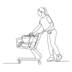 Continuous single line sketch drawing young happy woman pushing shopping trolley cart. One line retail shop mart market vector illustration	