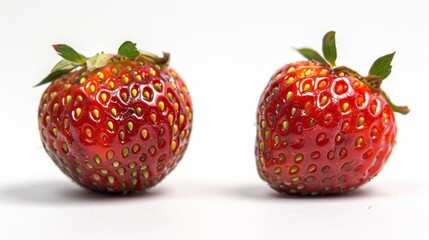 A close-up of two strawberries with a white background