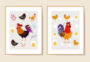 Cute hand drawn chicken, hen, rooster poultry farm animal  for kids poster, wall art, prints and cards vector illustration.