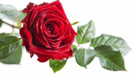 An isolated red rose against a white background