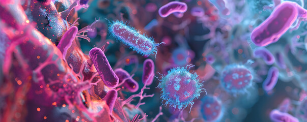 Closeup of group of bacteria on purple background. Abstract background of microscopic floating bacteria with copy space. Microbiology and medicine. Dangerous disease strain, infection disease concept - obrazy, fototapety, plakaty