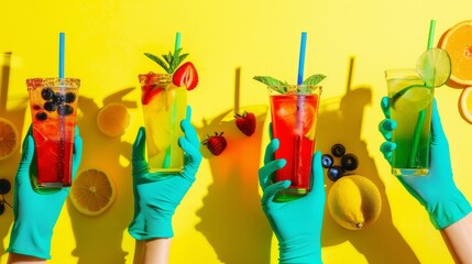 Dynamic arrangement of summer drinks held by hands in green gloves, embodying American holiday cheer