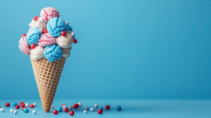 Patriotic summer treat with colorful candies in a waffle cone on blue backdrop. Ideal for US Independence Day festive concept - Powered by Adobe