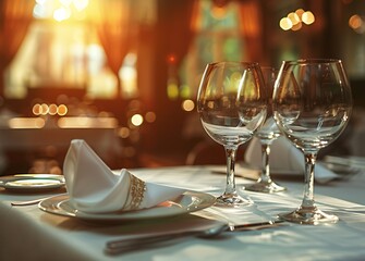 Elegant table setting with wine glasses and napkins in an upscale restaurant, captured during the soft light of late afternoon - obrazy, fototapety, plakaty