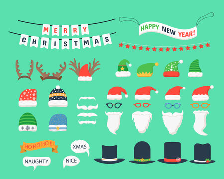 Christmas party photo props (Santa hats and beards, naughty and nice signs, decoration). Christmas and New Year photo booth props and design elements. Party decoration. Vector illustration
