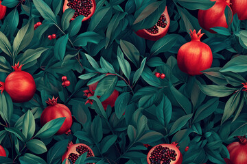 Fresh pomegranates with leaves and red berries on a vibrant green background, closeup view