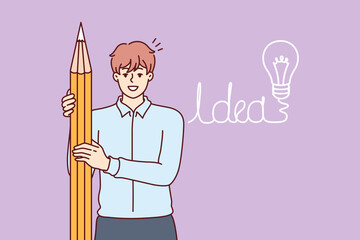 Business man has come up with idea to attract clients and holding giant pencil, standing near drawing of light bulb. Guy student rejoices at idea of writing a successful thesis for final exam - obrazy, fototapety, plakaty