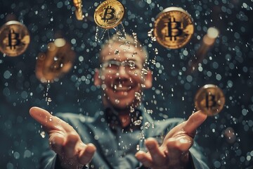 Idea Business exposure to Bitcoin Rain Man Happy. Generative Ai - obrazy, fototapety, plakaty