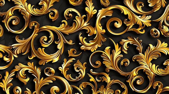 Create a pattern showcasing elaborate scrollwork and filigree designs in gold against a black background, reminiscent of vintage architectural details and ornate metalwork