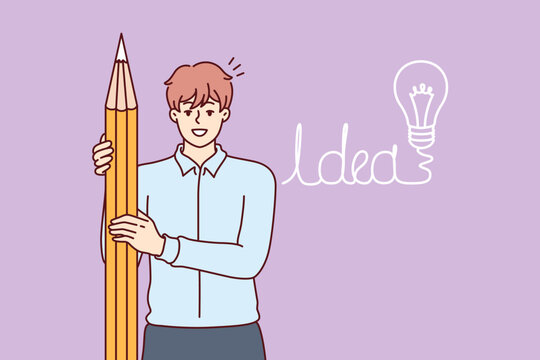 Business man has come up with idea to attract clients and holding giant pencil, standing near drawing of light bulb. Guy student rejoices at idea of writing a successful thesis for final exam