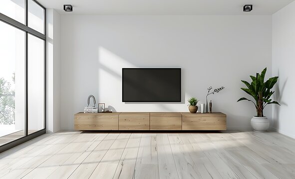 Empty modern living room with TV on cabinet and white wall background, copy space for text or product display presentation mockup stock photo, high resolution photography