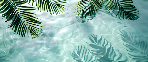 A soft pastel colored background with palm leaves and shadows on the sea background. High quality