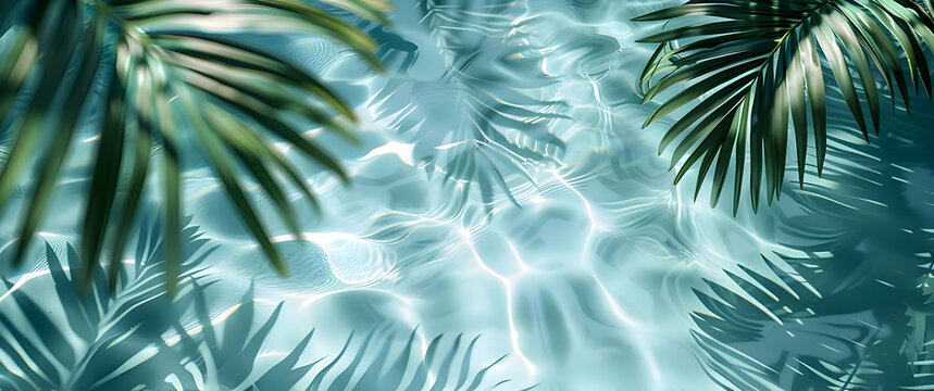 Sea background with palm leaves and shadows on blue water. High-resolution
