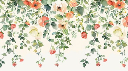 Floral Garland Create a pattern featuring a garland of watercolor flowers draped across the fabric Add leaves, vines, and tendrils for a whimsical - obrazy, fototapety, plakaty