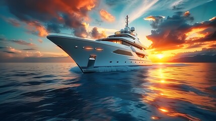 Luxury super yacht on the deep blue ocean sea with cloudy sky Transport concept AI generated