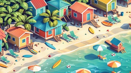 Beach Cabanas and Bungalows Design a pattern featuring colorful beach cabanas and bungalows nestled along the shore Add details like lounge chairs, umbrellas
