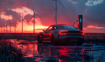 Photorealistic scene of an electric car charging at sunset, with wind turbines in the background. High-resolution